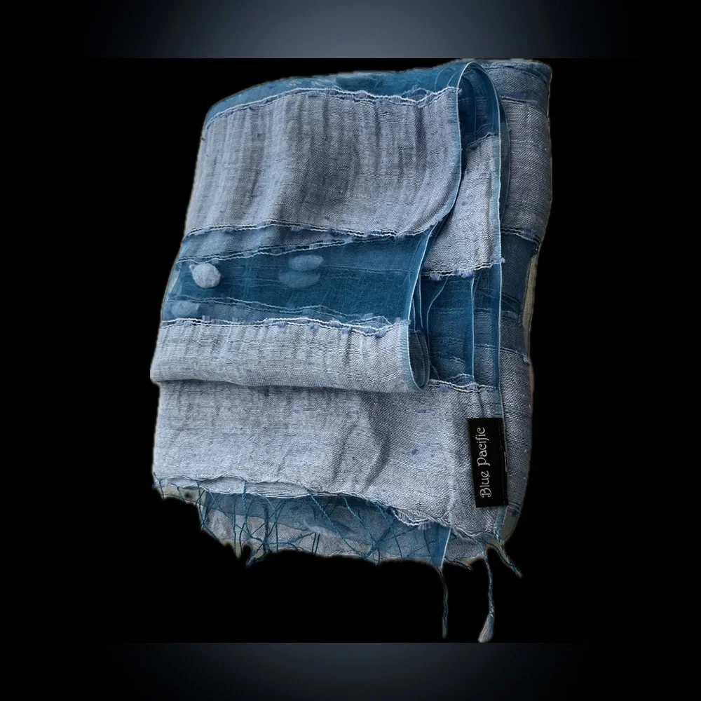 🪺New HAND WOVEN SILK PANEL SCARF/SHAWL-by BLUE PACIFIC | Vintage Denim Blue - Picture 4 of 17